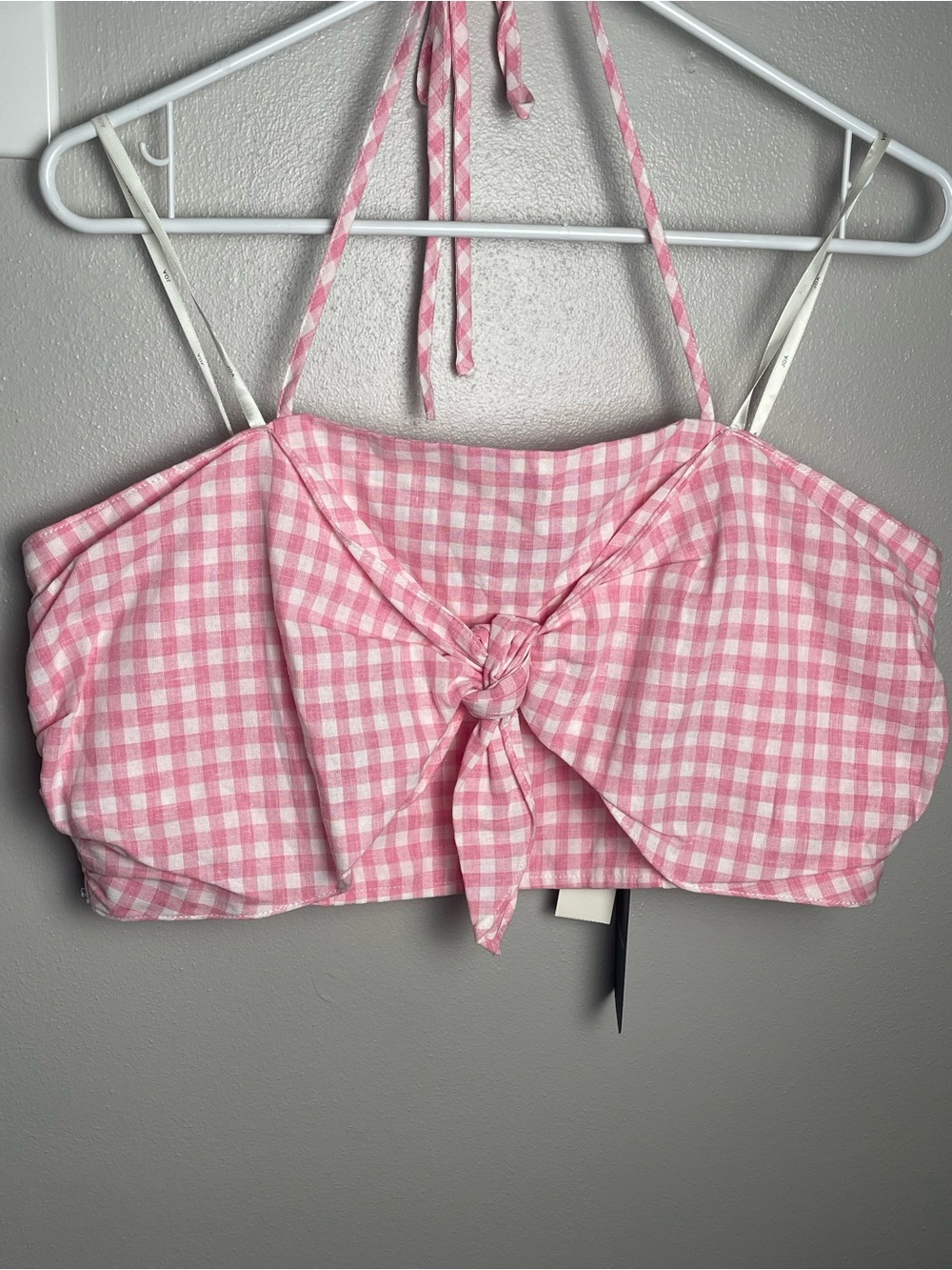 Pink Gingham Tie-Front Crop Top Halter Top J.OA anthropologie NWT
